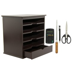 Dark Brown Wood 4-Shelf Desktop Organizer with Drawer Plus 4-pc Supply Set