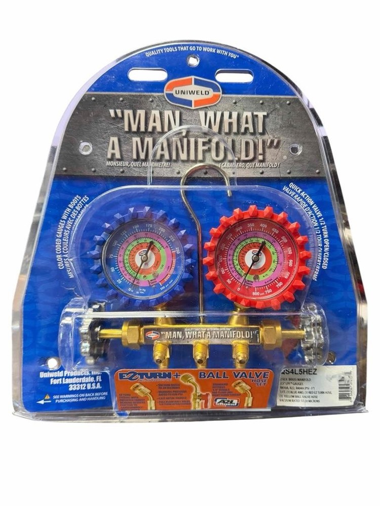 NEW Uniweld 2 Valve Brass Manifold With 2.5″ LPF Gauges QS4L5HEZ R410A R22 R404A
