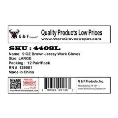G & F 4408 9OZ. Brown Jersey Gloves, Heavy Weight. Sold by 12-Pair Pack