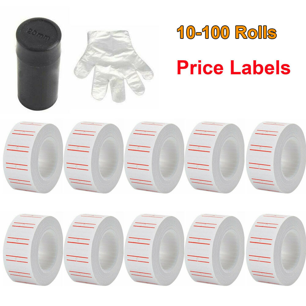 600/Roll Price Gun Sticker Refill MX 5500 Paper White Red Line Labels+ Free Ink