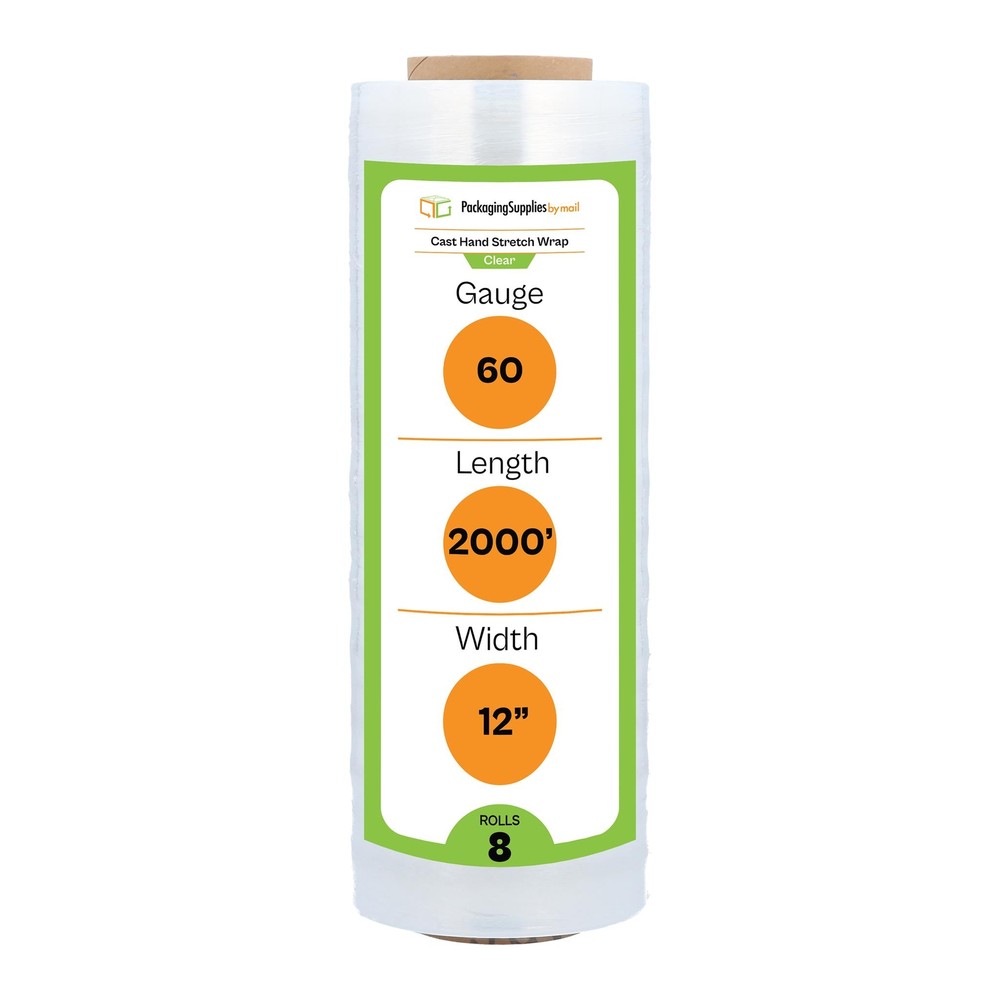 Cast Hand Stretch Wrap Plastic Shrink Film Clear 12″ x 2000′ 60 Gauge 8 Rolls