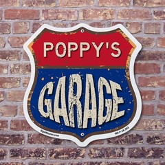 Poppy’s Garage Shield Shaped Sign Weather Resistant Crafted in the USA