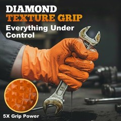 Heavy Duty Orange Industrial Nitrile Gloves with Raised Diamond Texture, Late…