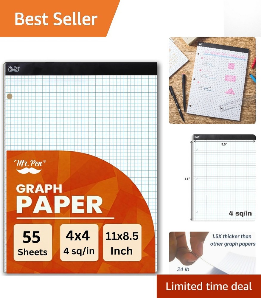 Graph Paper Pad 8.5×11 Inches, 55 Sheets, 3-Hole Punched for Engineers