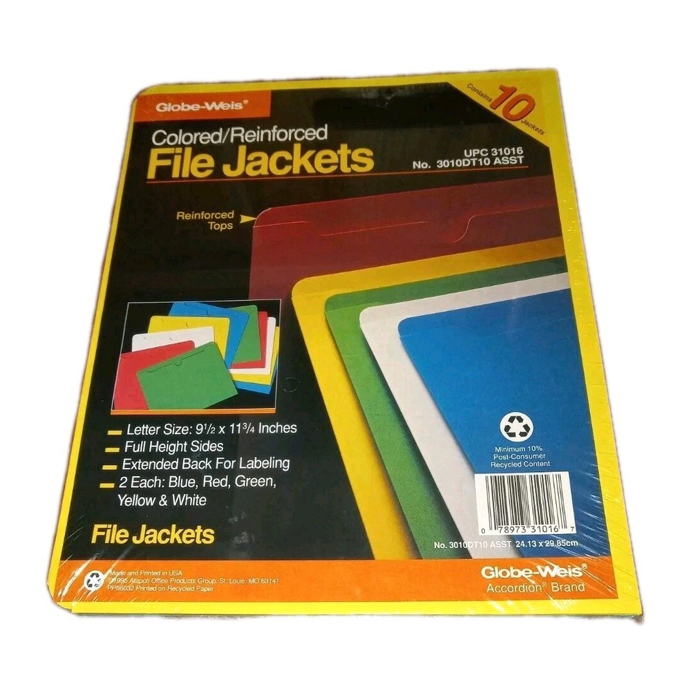 Globe Weis Colored File Folders Letter 9.5″ x 11 3/4″ 10-Pack Vintage 1995 NEW!