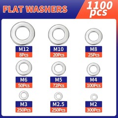 1100 Pcs Flat Washers Assortment Kit-304 Stainless Steel, 9 Metric Size (M2–M12)