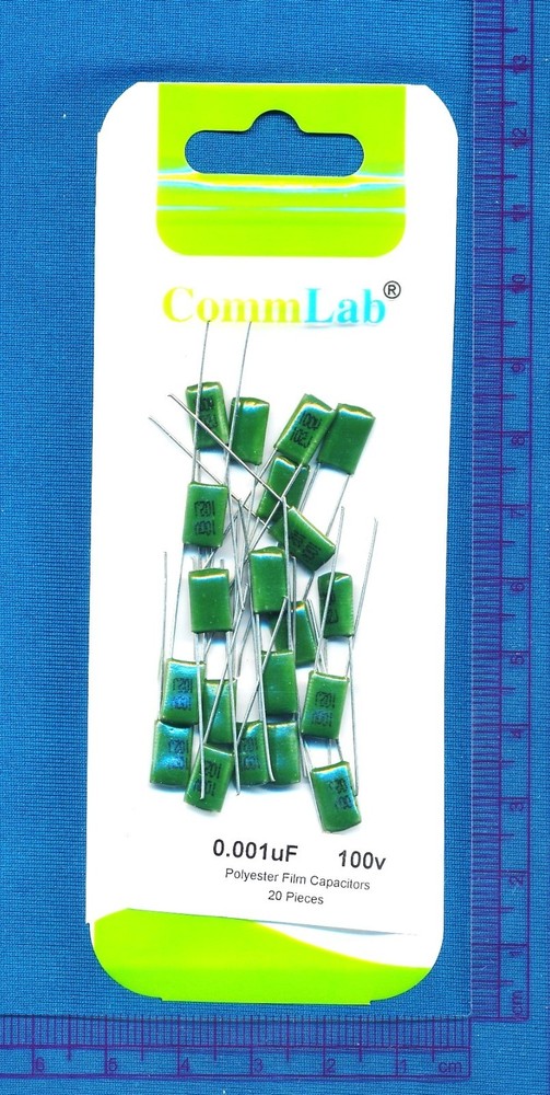 20 pack COMMLAB 0.001uF 100V Radial Polyester Film Capacitors 5% .001 uF 2A102J
