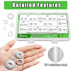360 Pcs Flat Washer and Spring Lock Washers Assortment Kit,7 SAE Sizes Washers f