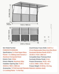 VEVOR 74×40 in Concession Window Aluminum Alloy Service Window for Food Truck