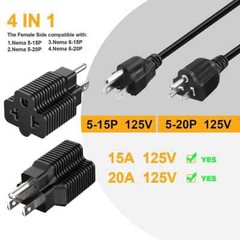 2Pack 4-in-1 15 Amp Household AC Plug to 20 Amp T Blade Adapter5-15P to 5-20R