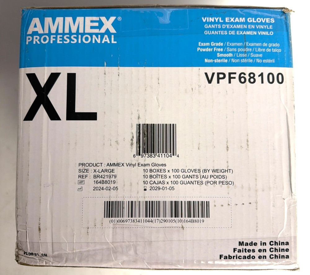 [NEW] (VPF68100) AMMEX Professional Vinyl Exam Gloves, Powder-Free, Clear, XL