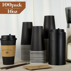 LITOPAK 100-Pack 16oz Black Disposable Coffee Cups w/Lids, Sleeves, Sticks