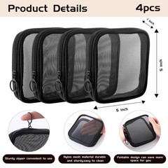 Fnuqz 4 Pcs Mesh Cosmetic Bag Transparent Zipper Mini Black