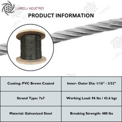 1/16″ to 3/32″ Vinyl Coated Brown Color Galvanized Cable 7×7 Strand Wire Rope