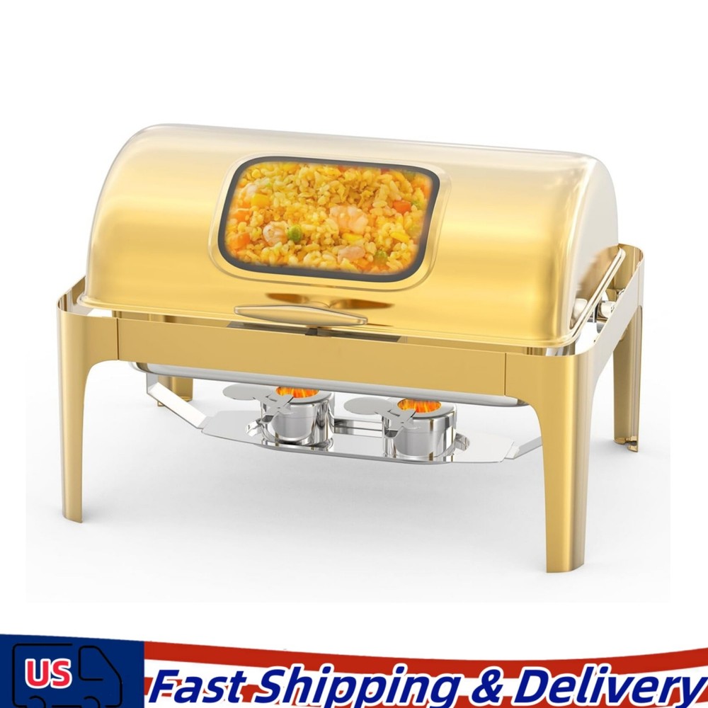 Gold 9QT Roll Top Chafing Dish Buffet Set Catering Stainless Steel wGlass Window