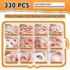 330PCS Copper Crush Washer Assortment Kit M5-M20 Metric Copper Sealing Washers f