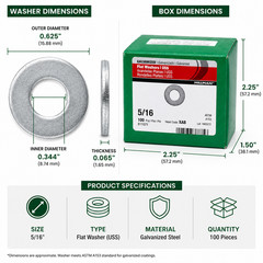 Hillman 5/16 in USS Flat Washers Galvanized Steel ASTM A153 100 Pieces