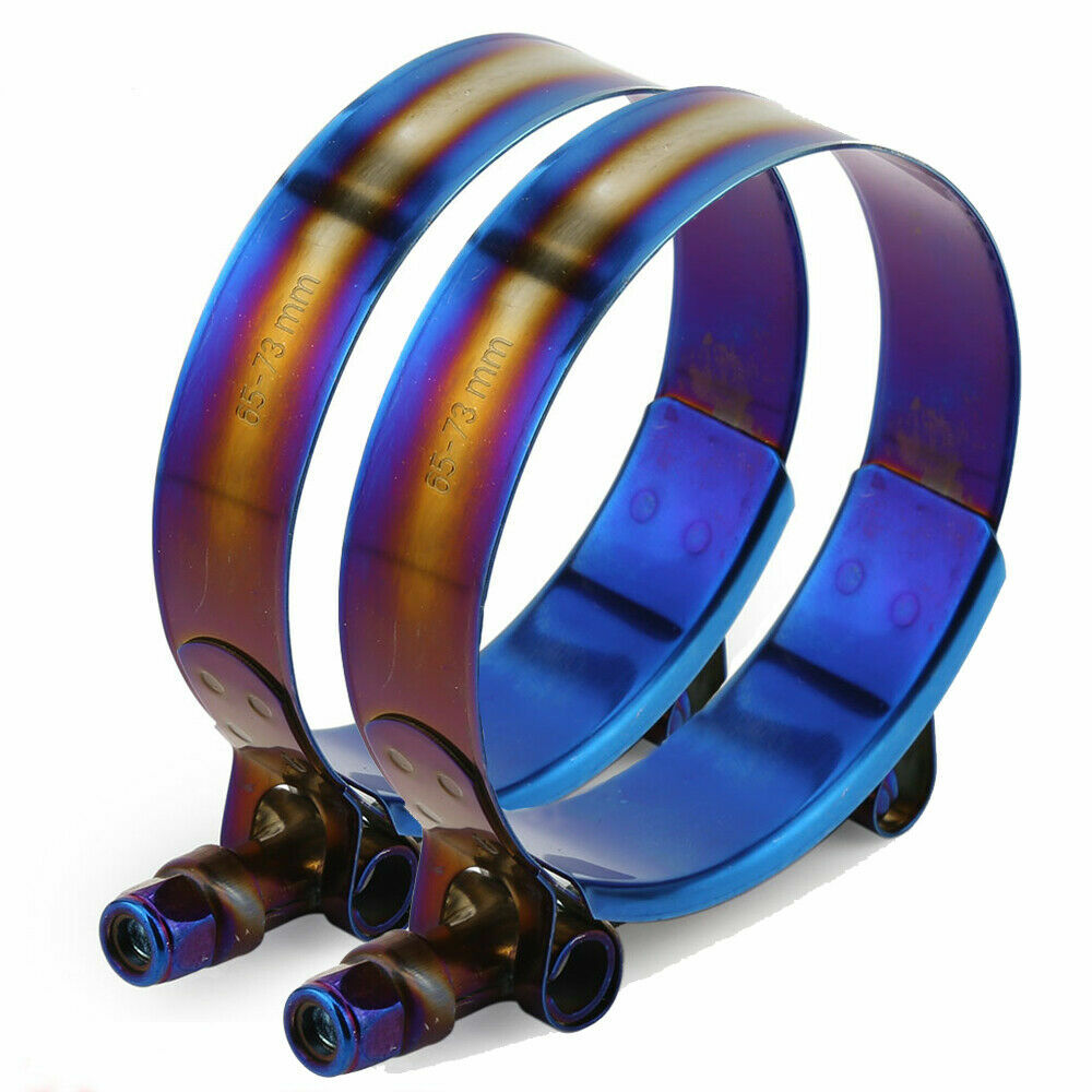 2× Adjustable Titanium Blue Stainless Steel T-Bolt Clamp Universal 45mm – 115mm