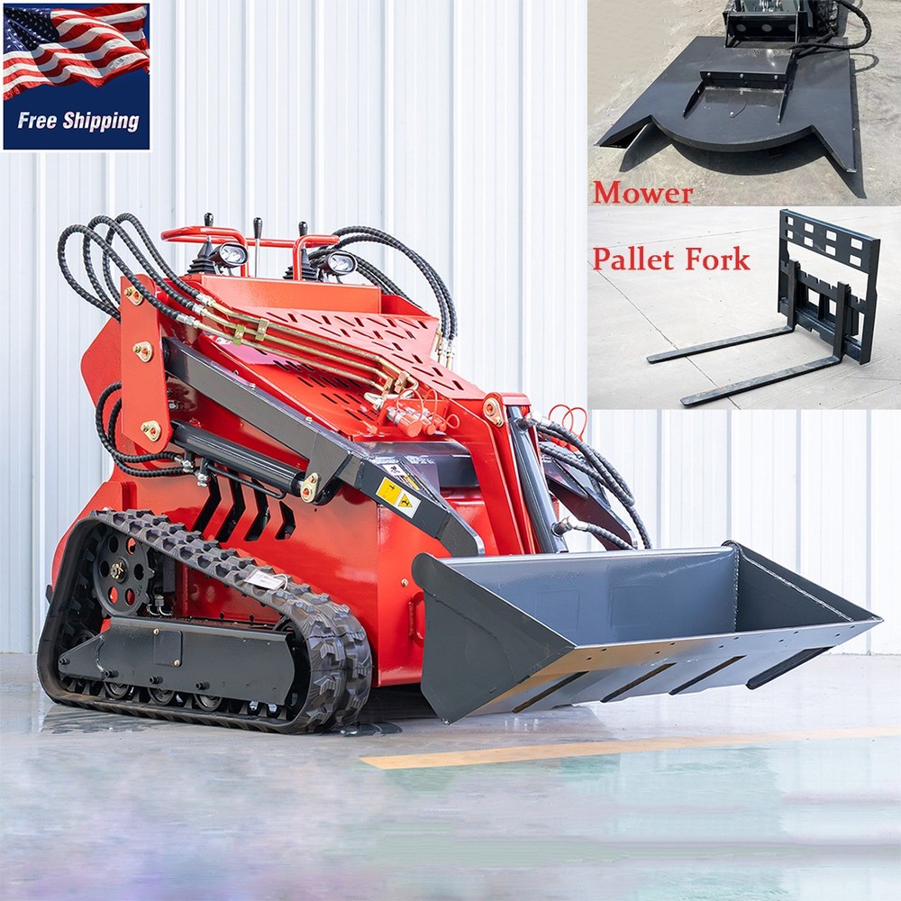 Track EPA 23HP 739cc Mini Skid Steer Bucket & Mower & Fork 3-Pumps Self Leveling