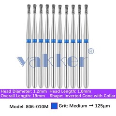10/Pk Dental Inverted Cone Diamond Burs 806-010M Friction Grip for High Speed