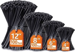 Heavy-Duty Nylon Zip Ties, 400 Count – Assorted Sizes 4” to 12” for Secure Use