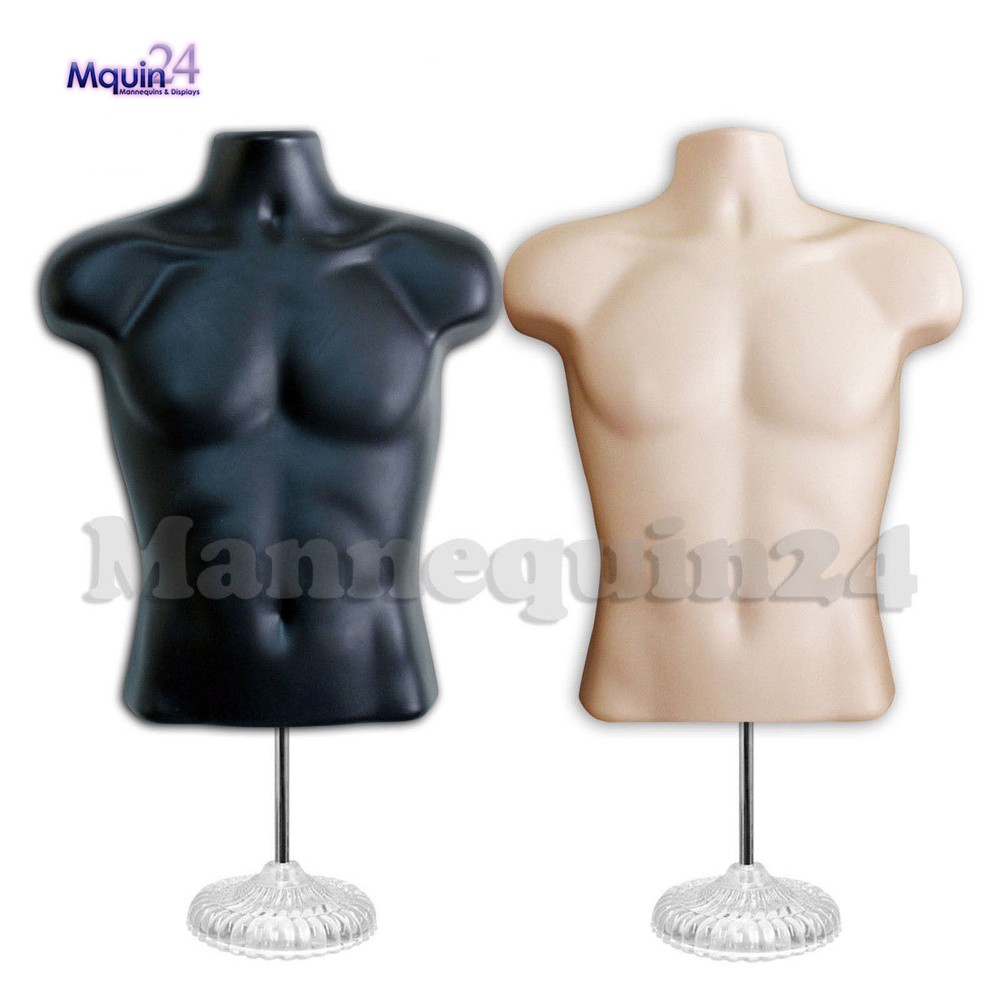 BLACK & FLESH MALE MANNEQUIN TORSOS SET +2 STANDS + 2 HANGERS MEN’s DRESS FORMS