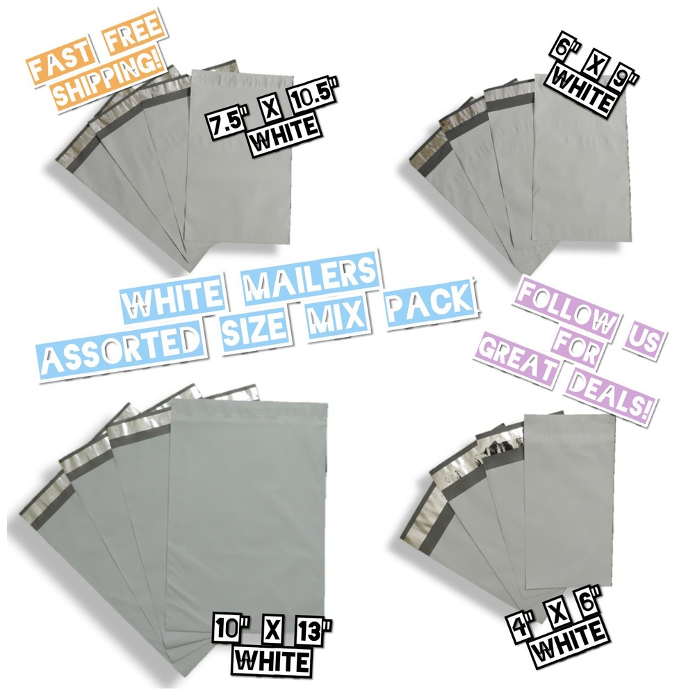 80 White Poly Mailers 4 Mix Size Variety Pack (20 ea)