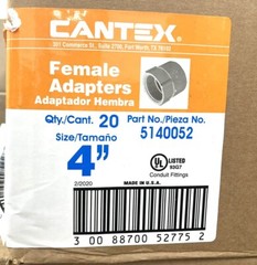Case of 20 CANTEX 4 in Schedule 40 Female Adapters for Metal or PVC Conduit NEW