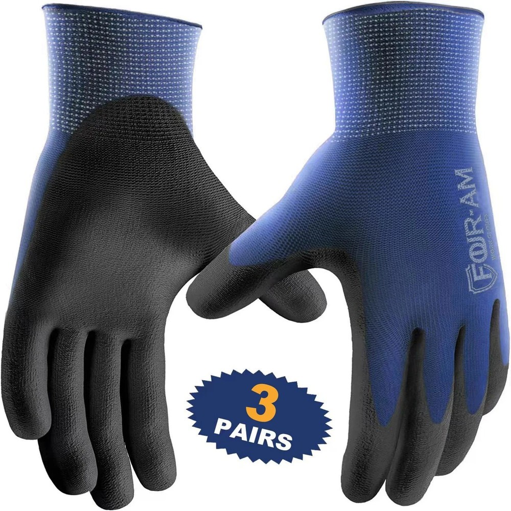 3-Pairs Ultra-Thin PU Coated Work Gloves Excellent Grip Nylon Shell Knit Wrist