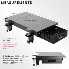 VIVO Black Premium Clamp-on 24″ x 14″ Desk Extension with Storage Drawer