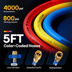 HVAC Manifold Gauge Set R134a R1234yf R410A R454B R32 AC Gauges w/ 5ft Hoses Kit