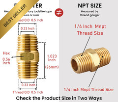 Brass Hex Nipple 1/4 Inch NPT Male Pipe Adapter Connector Fitting 0.5 OD 4 Pack