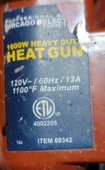 Professional Heat Gun Chicago Electric . 1600W / 120V / 60Hz / 13 A Heavy Duty