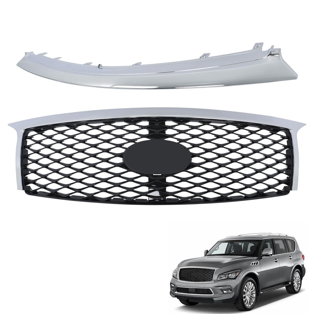 Front Upper Mesh Grille Lower Bumper Trim Chrome Camera Hole QX80 2015 2016 2017
