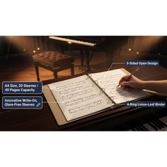 Black Sheet Music Folder 4Ring PU Binder 20 NonReflective Sheets 40 Pages
