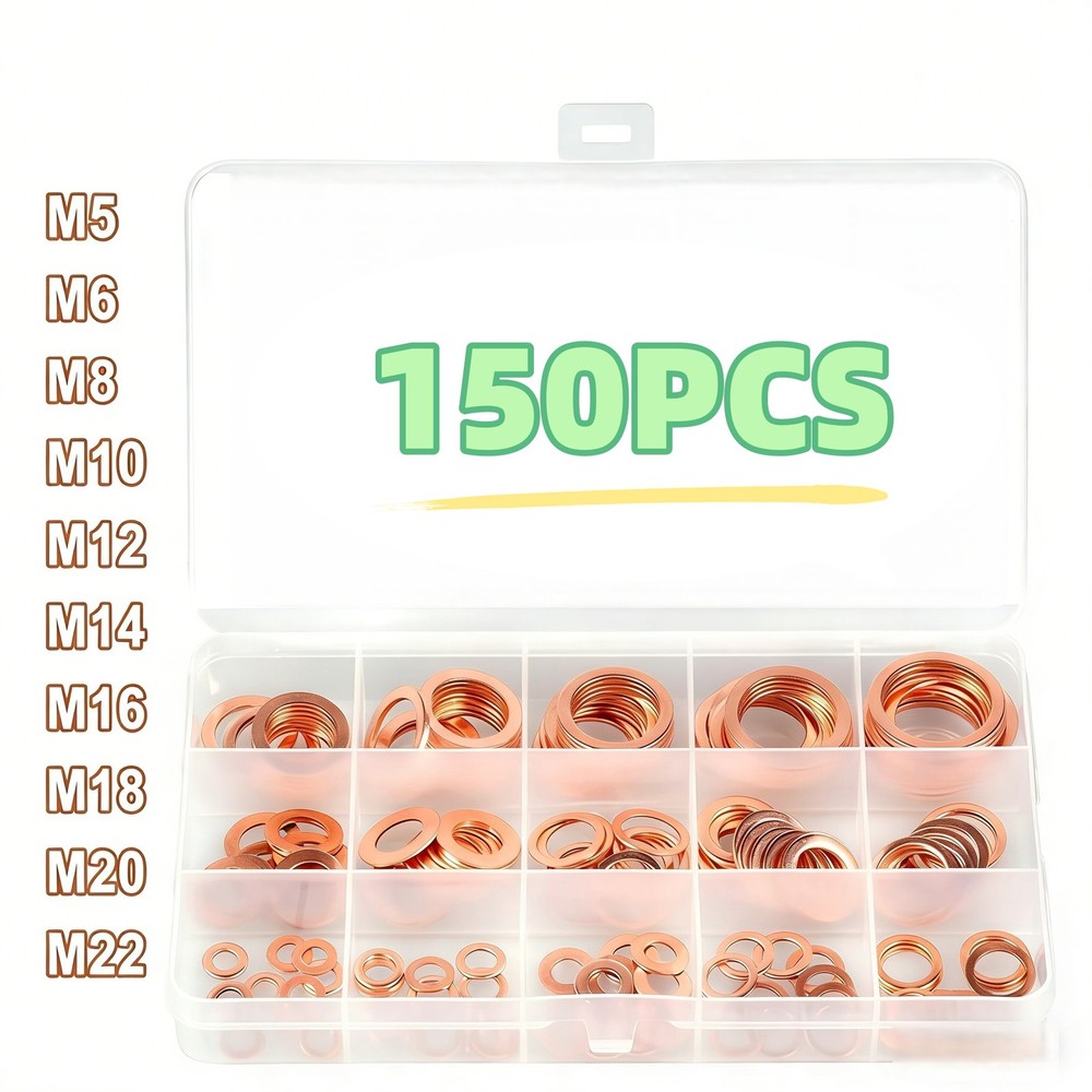 150Pcs Copper Crush Washer Gasket Set Flat Ring Seal Assortment Kit M5 – M22 US