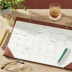 Simulated Leather Desk Blotter Calendar 12 Months Cognac Brown Medium Size