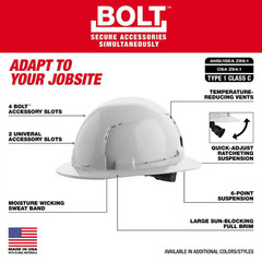 BOLT White Type 1 Class C Full Brim Vented Hard Hat with 6-Point Ratcheting Susp