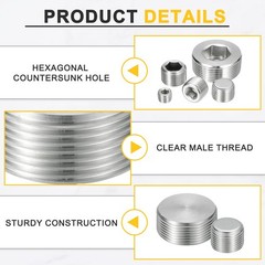 5Pcs Socket Pipe Plugs NPT 3/8″Stainless Steel Hex Thread Pipe Caps Silver