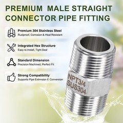4-Pack 304 Stainless Steel 3/4″ NPT Male x 3/4″ NPT Male Hex Nipple Pipe Fitting