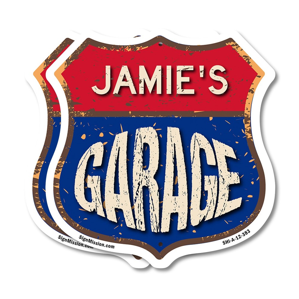Jamie’s Garage Shield Shaped Sign Weather Resistant Crafted in the USA