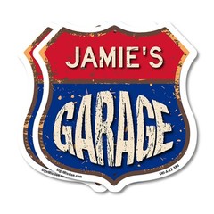 Jamie’s Garage Shield Shaped Sign Weather Resistant Crafted in the USA