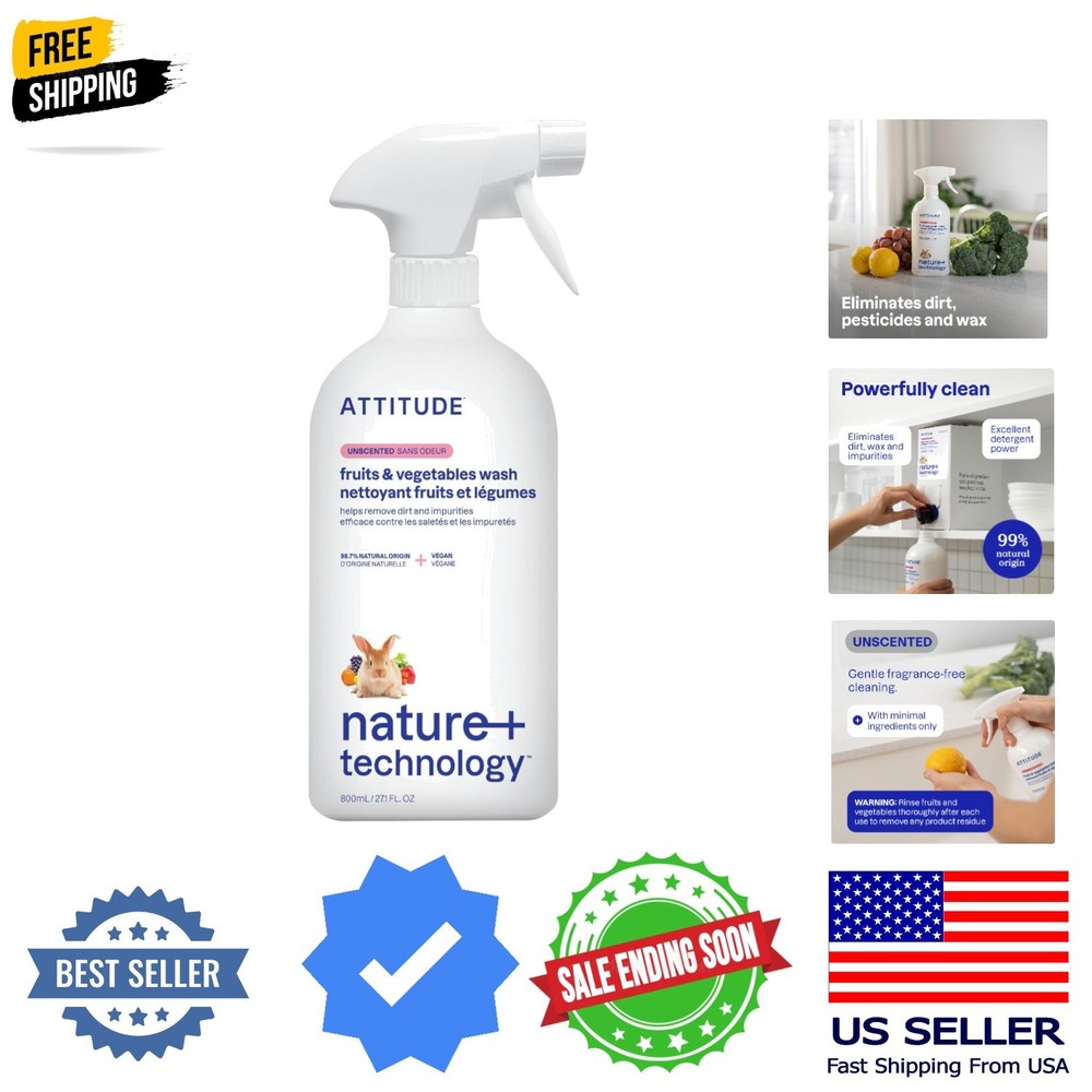 ATTITUDE Fruit & Vegetable Wash, Unscented Food-Safe Produce Wash to Remove D…