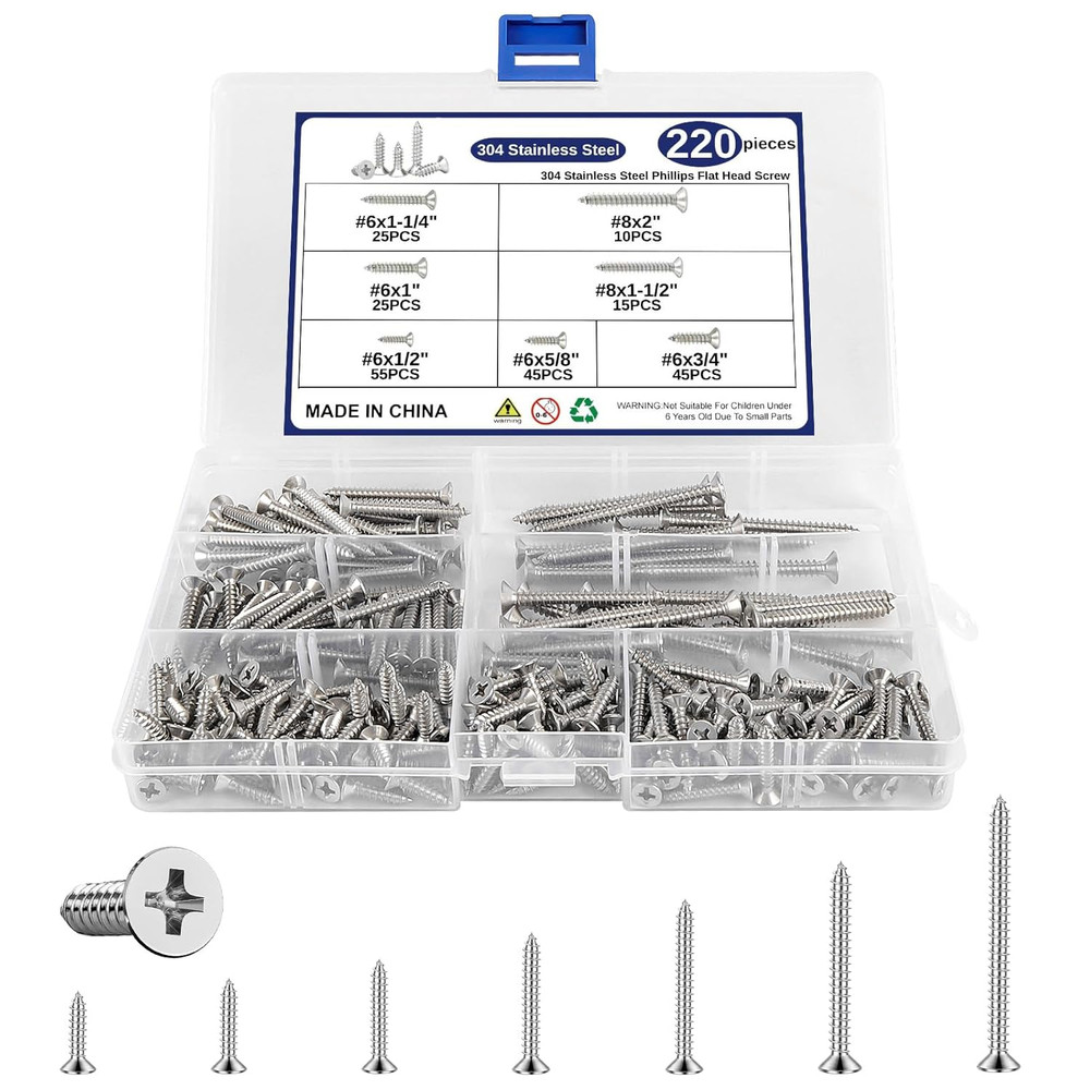 220 Pcs Wood Screws Assortment Kit, 304 Stainless Steel Screws, Phillips Drive F
