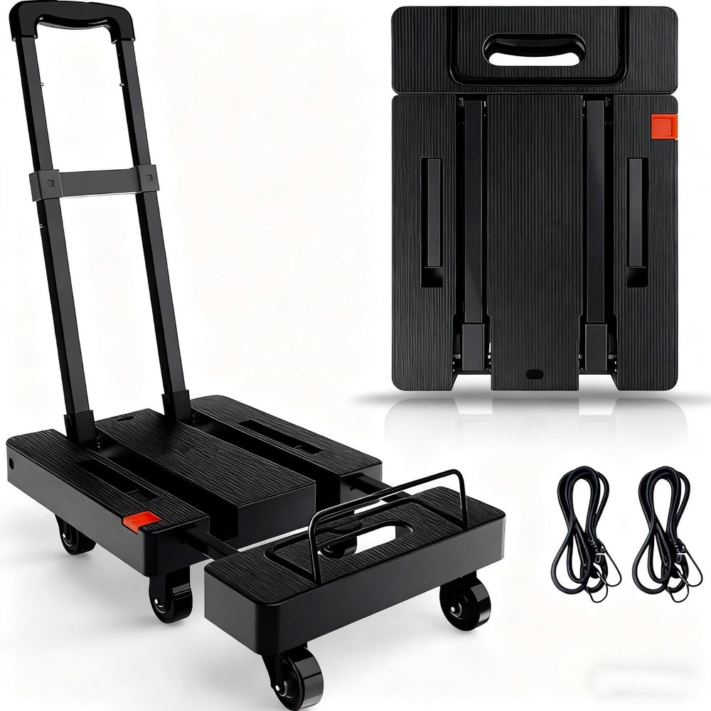 500lb Folding Hand Truck 6 Wheels Extendable Base 2 Bungee Cords