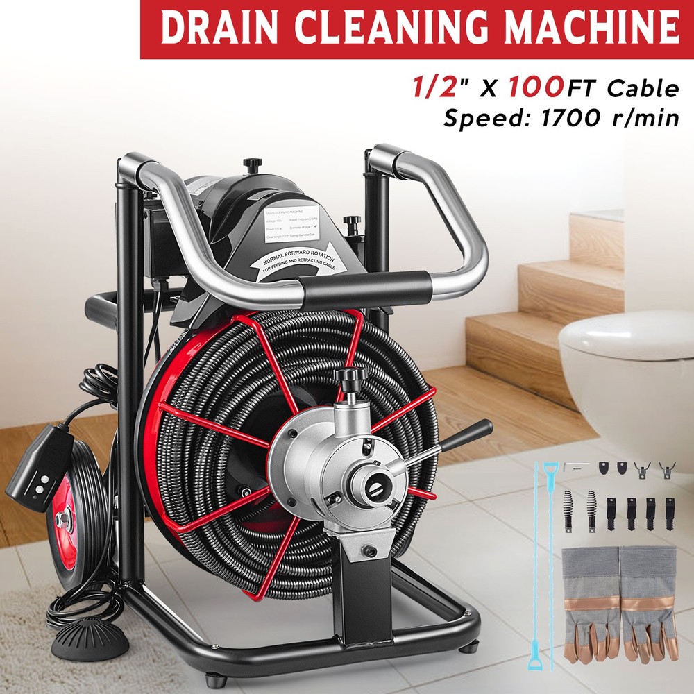 Auto Feed Drain Auger Cleaner Electric 100′ x 1/2″ Sewer Snake Cleaning Machine