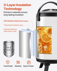 Insulated Beverage Dispenser, 2 Gal/7.6L Stainless Steel Thermal Drink Server wi