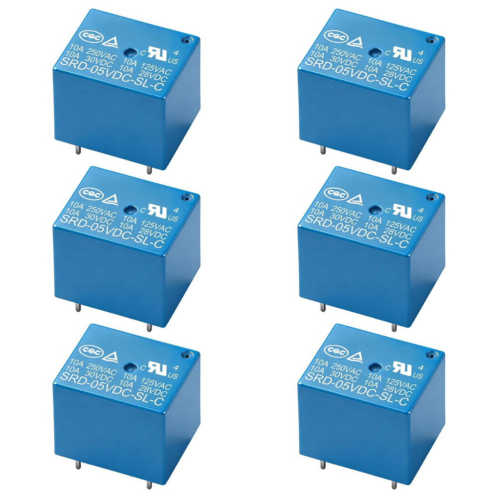 6Pcs PCB Power Relay SRD-05VDC-SL-C, DC 5V Coil, 10A 250VAC, SPDT, 5 Pin