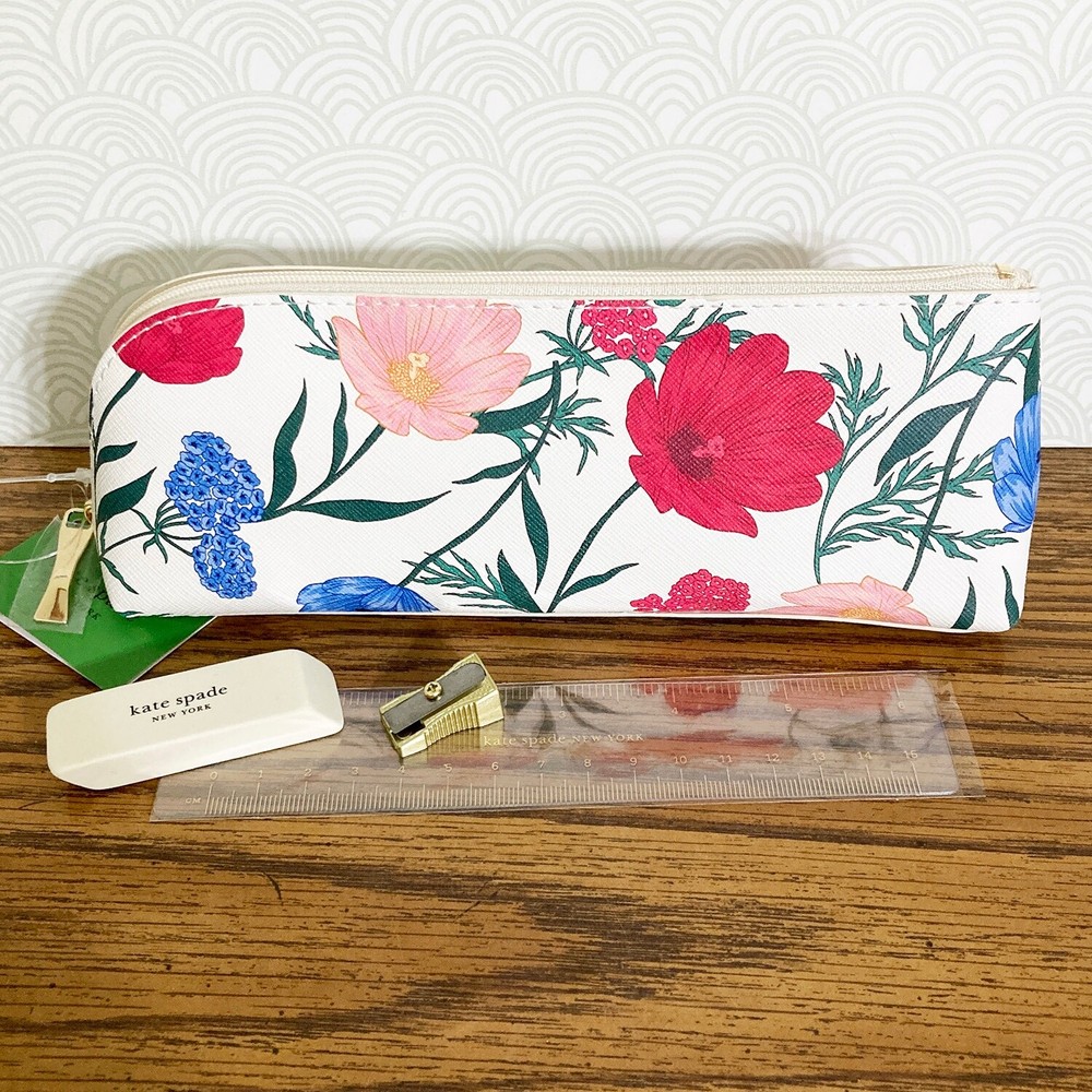 Kate Spade Pencil Pouch Cosmetic Case Travel Bag Faux Leather w Accessories