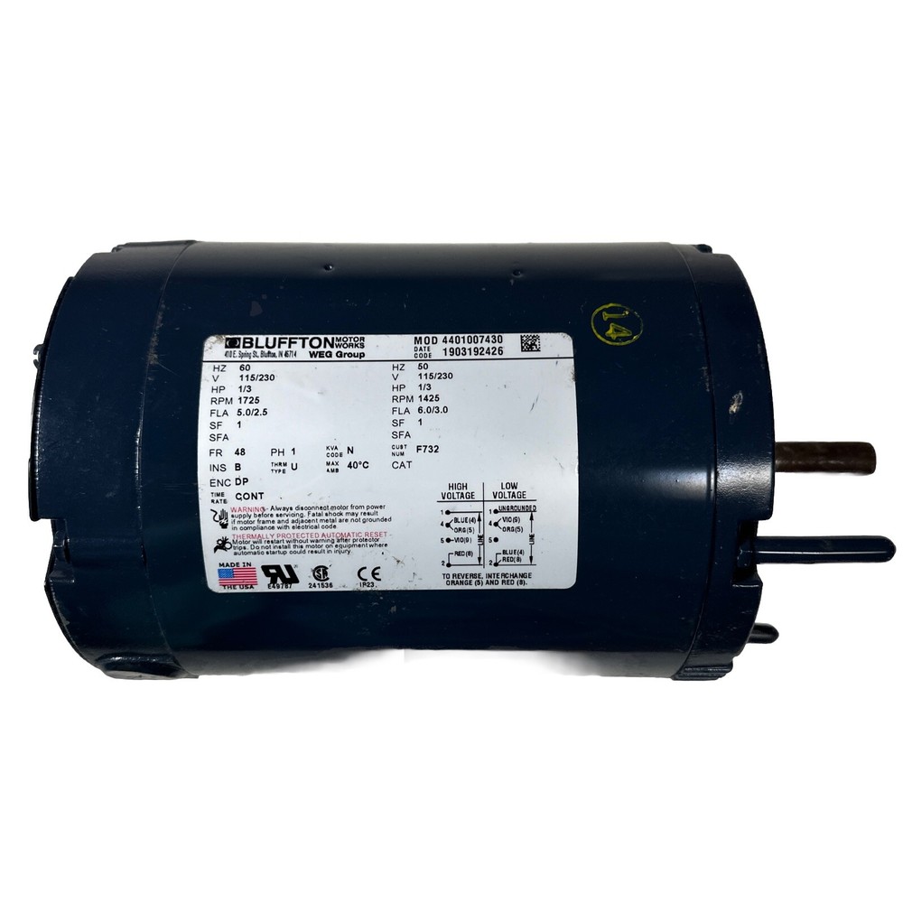 New BLUFFTON 4401007430 AC MOTOR 1/3HP 115/230V 60Hz 1PH 1725RPM FR:48